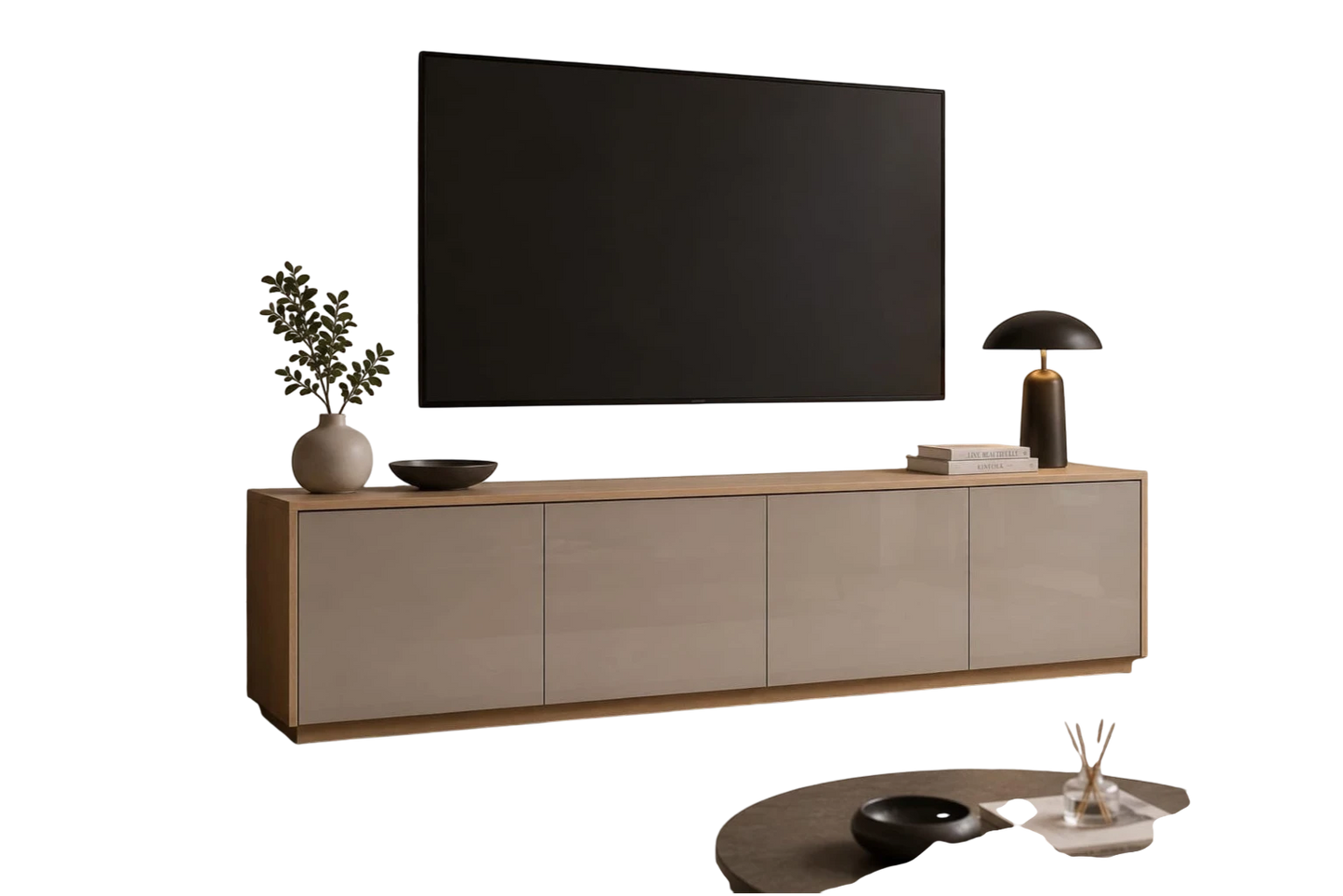 TRENZY Spaces Lux TV stand in beige and wood finish with three glossy cabinet doors in a modern living room setting.