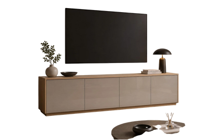 TRENZY Spaces Lux TV stand in beige and wood finish with three glossy cabinet doors in a modern living room setting.