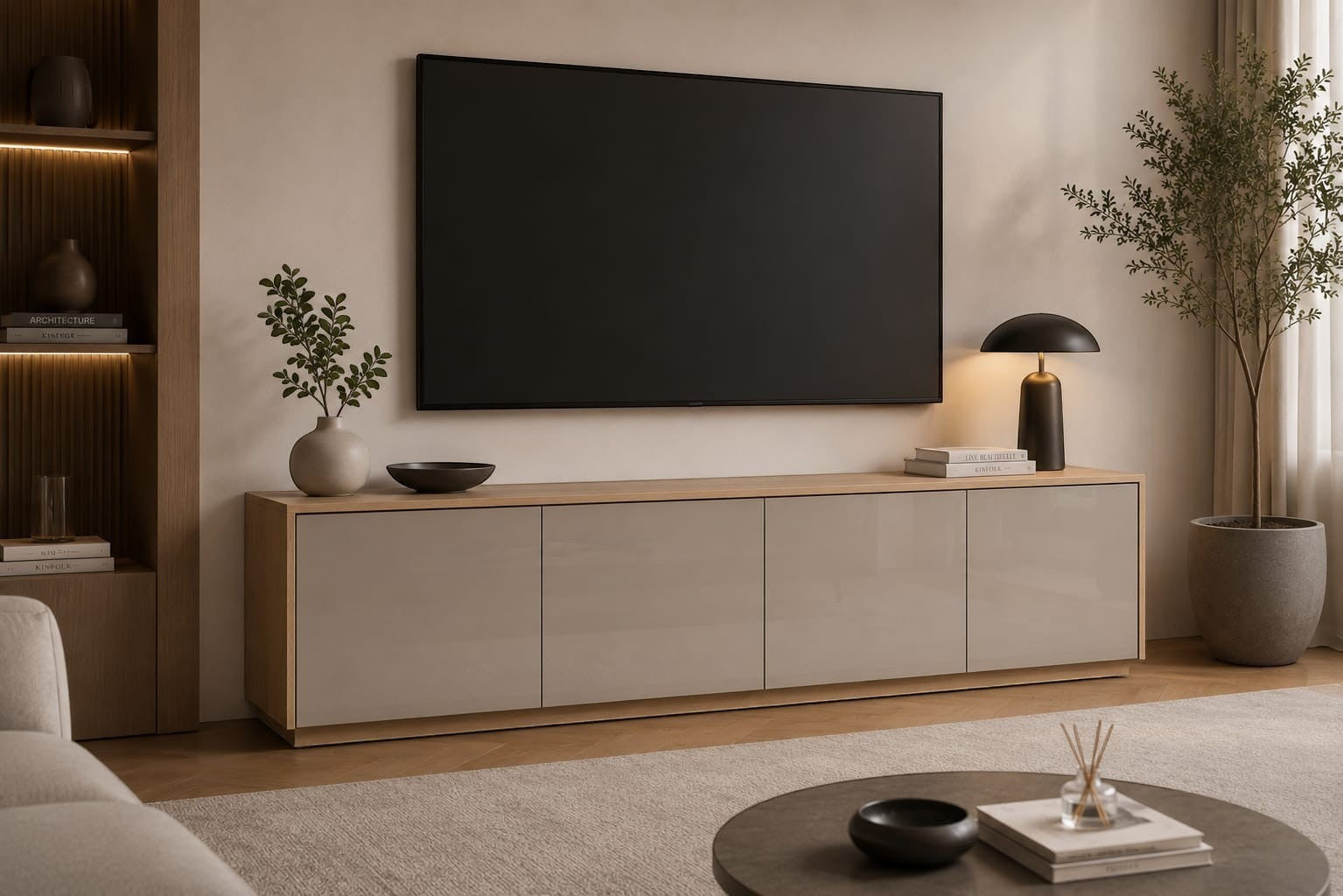 TRENZY Spaces Lux TV stand in light wood and glossy beige finish, featuring a minimalist design for modern living rooms.