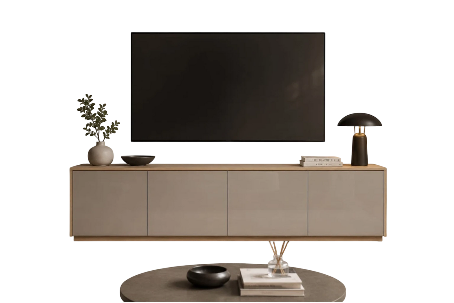TRENZY Spaces Lux TV stand in a modern living room with a sleek beige finish and light wood frame under a wall-mounted TV