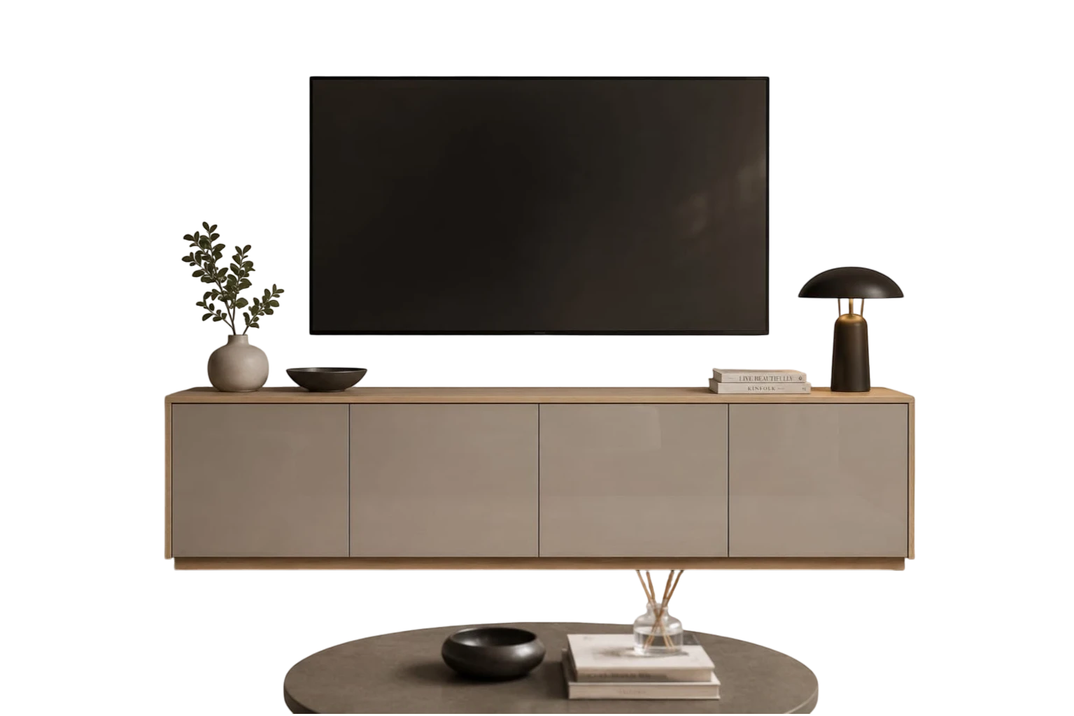 TRENZY Spaces Lux TV stand in a modern living room with a sleek beige finish and light wood frame under a wall-mounted TV