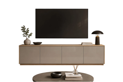TRENZY Spaces Lux TV stand in a modern living room with a sleek beige finish and light wood frame under a wall-mounted TV