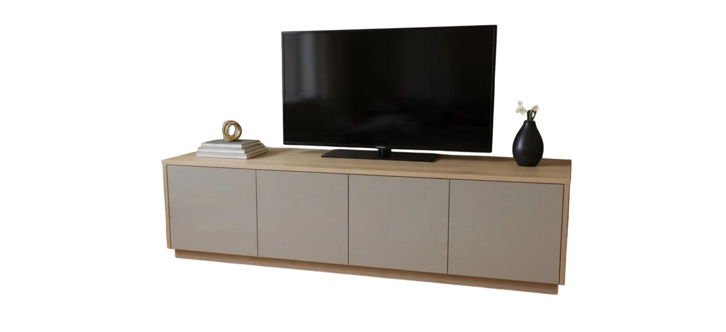 TRENZY Spaces Lux TV stand in light wood and matte grey with four cabinet doors in a modern living room setting.