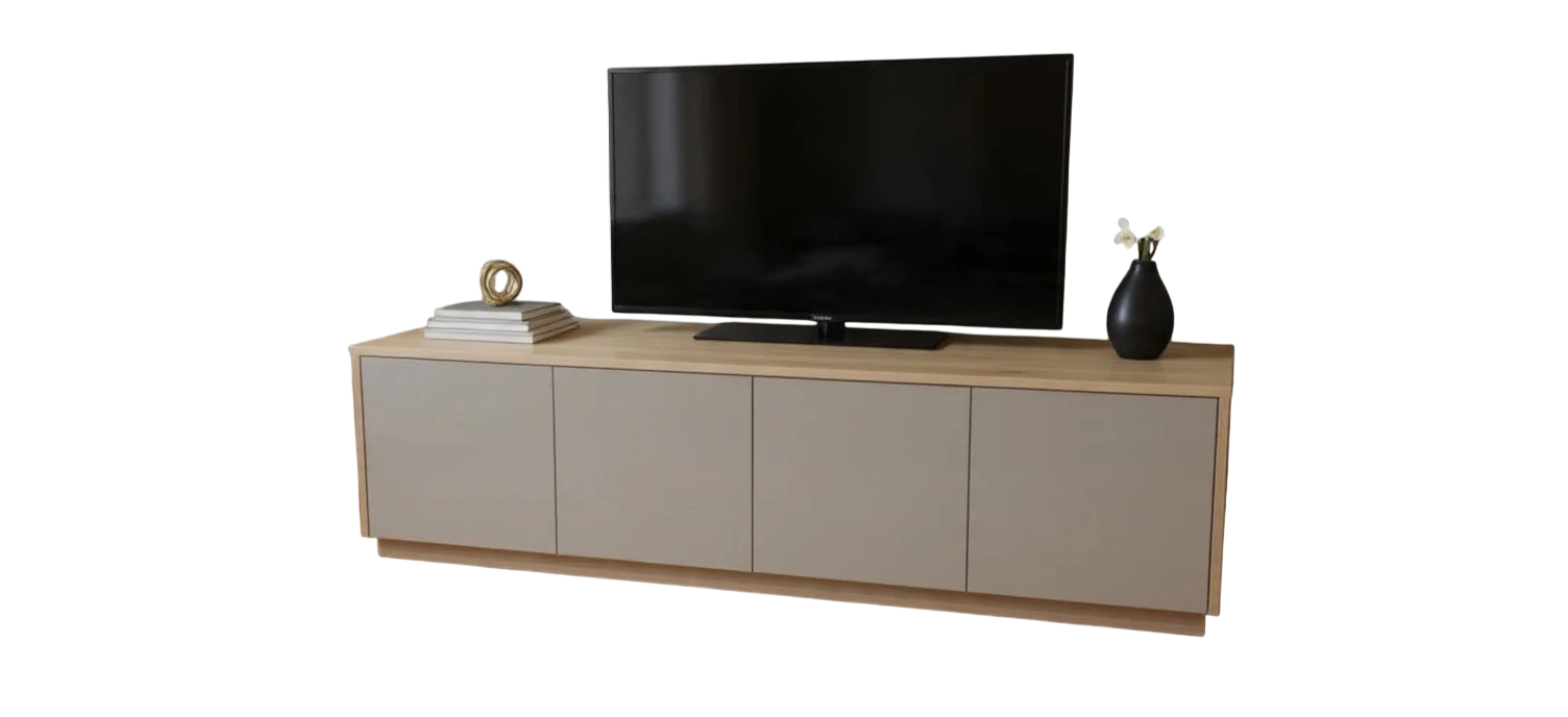 TRENZY Spaces Lux TV stand in light wood and matte grey with four cabinet doors in a modern living room setting.