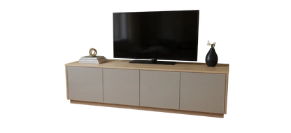 TRENZY Spaces Lux TV stand in light wood and matte grey with four cabinet doors in a modern living room setting.