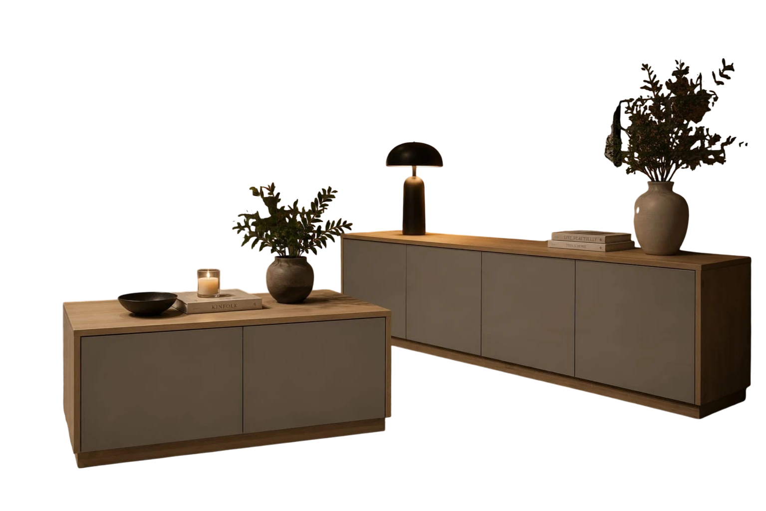 TRENZY Spaces Lux TV stand in grey and light wood finish, styled in a modern living room with brick wall background.