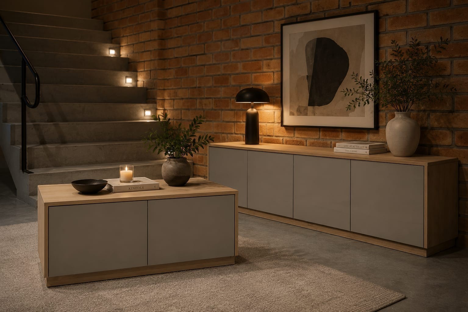 TRENZY Spaces Lux TV stand in a modern living room with light wood and grey finish against a brick wall