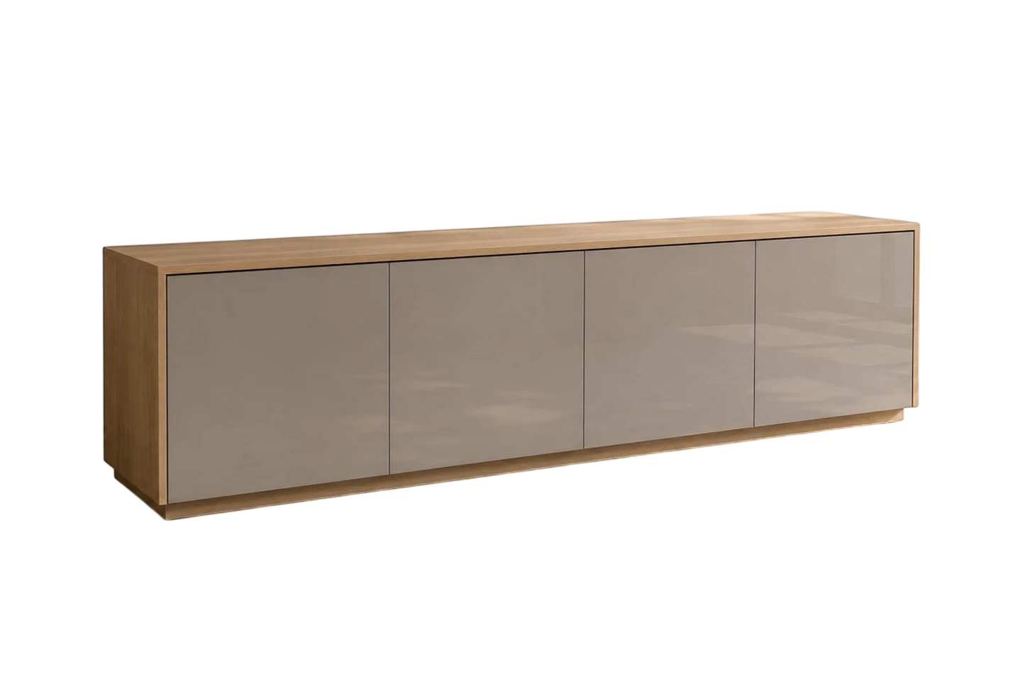 TRENZY Spaces Lux TV stand featuring a light oak frame and four glossy taupe cabinet doors in a modern living room.