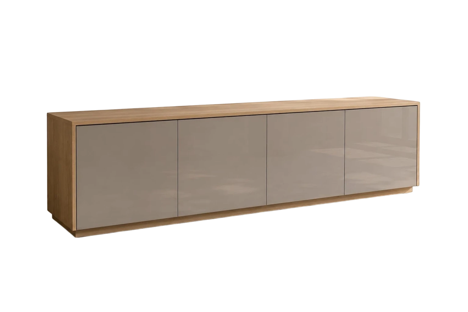 TRENZY Spaces Lux TV stand featuring a light oak frame and four glossy taupe cabinet doors in a modern living room.