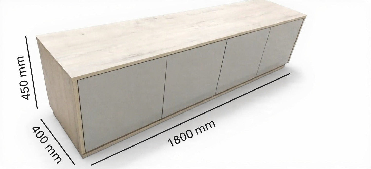 TRENZY Spaces Lux TV stand in light wood and grey finish with four cabinet doors and modern minimalist design
