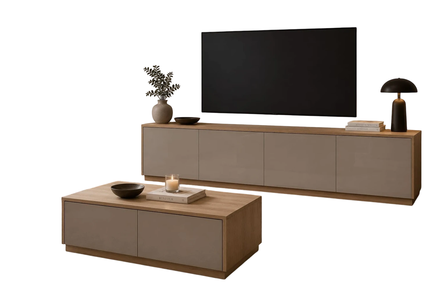 TRENZY Spaces Lux TV stand in light wood and taupe finish, featuring a sleek, minimalist design in a modern living room.