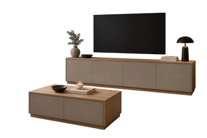 TRENZY Spaces Lux TV stand in light wood and taupe finish, featuring a sleek, minimalist design in a modern living room.