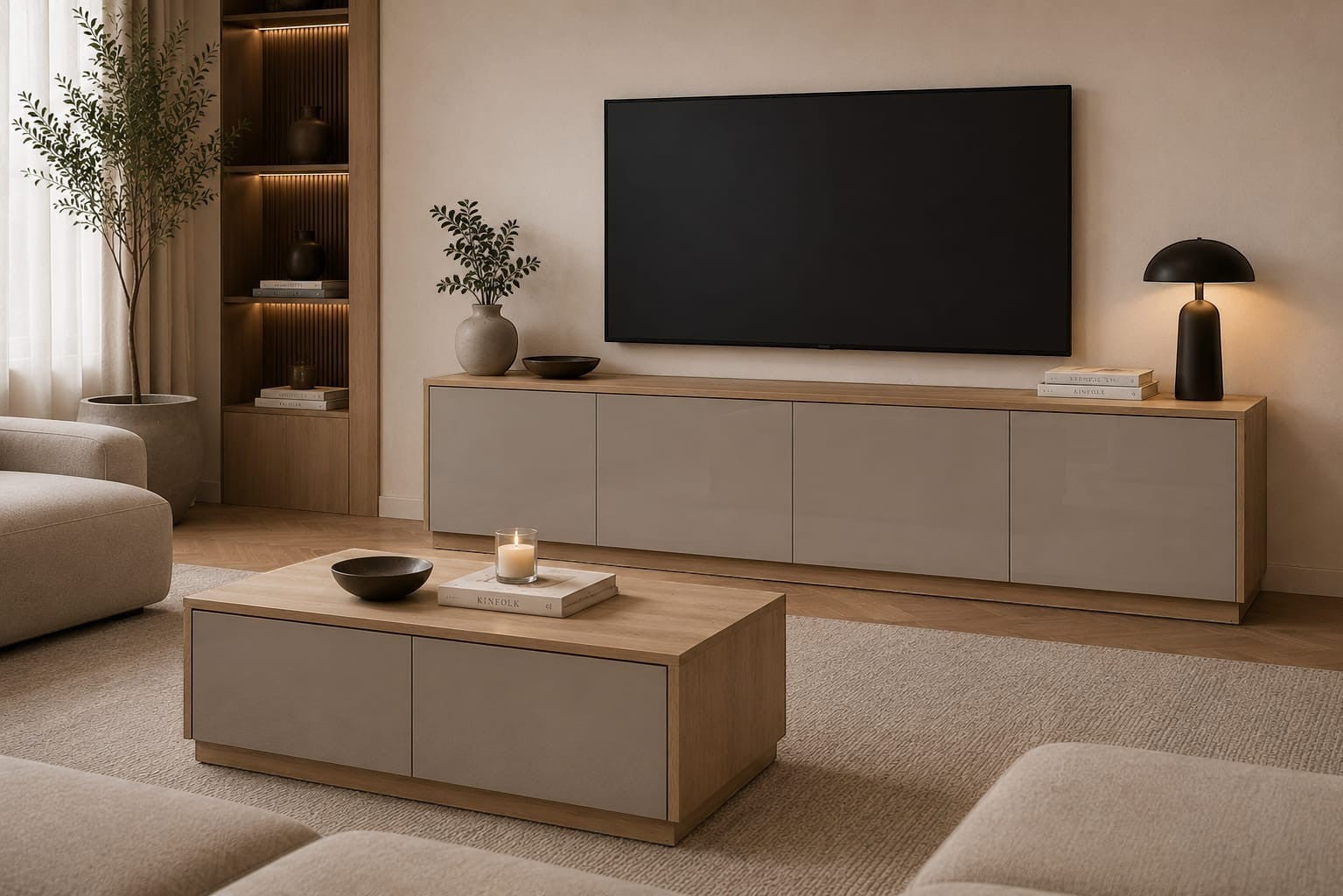 TRENZY Spaces Lux TV stand in light wood and taupe finish, featuring a minimalist design in a modern living room.