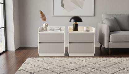 TRENZY Spaces modern luxury bedside pedestal pair in neutral tones with two drawers and raised side panel design