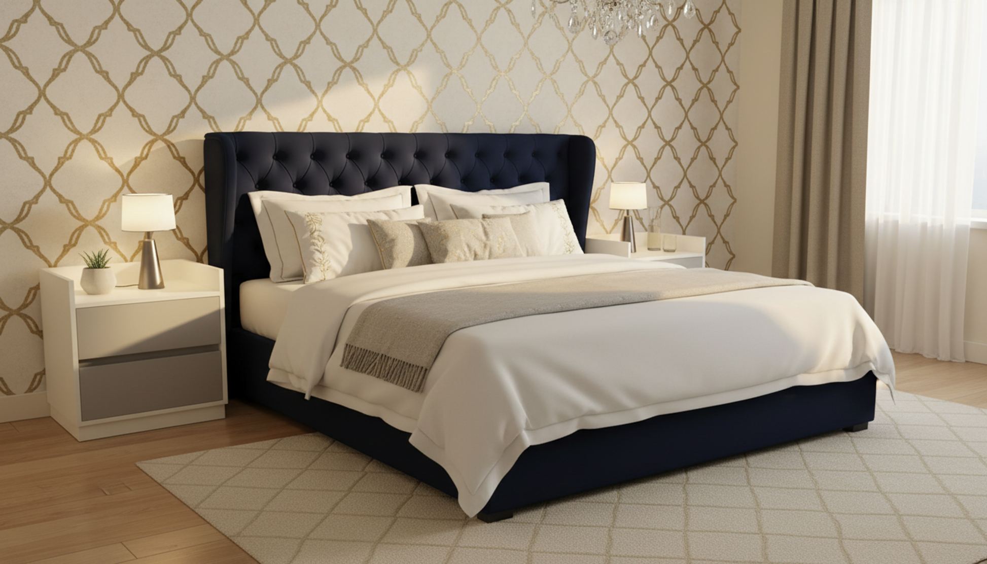 TRENZY Spaces modern luxury 2-drawer bedside pedestal in a white finish, styled in a contemporary bedroom setting.