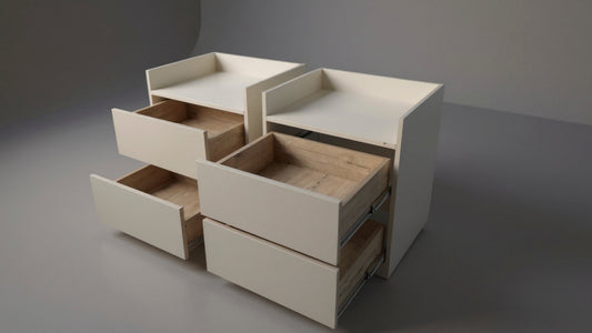 TRENZY Spaces modern luxury bedside pedestals in cream with two drawers and raised side panels, shown as a pair.