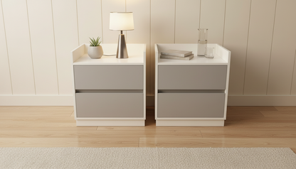 TRENZY Spaces modern luxury bedside pedestal pair in white and grey with two drawers and raised side panels