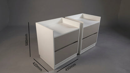 TRENZY Spaces modern luxury bedside pedestal pair in white and grey with two drawers and raised open-top design.