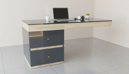 TRENZY Spaces modern two-tone desk with a dark grey storage unit, light wood accents, and a sleek black desktop surface.
