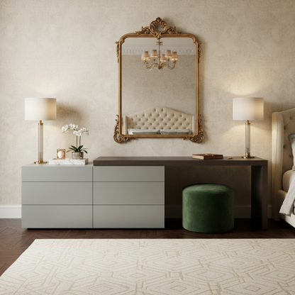 TRENZY Spaces modern two-tone dresser with light grey drawers and dark wood top in a luxury bedroom setting.