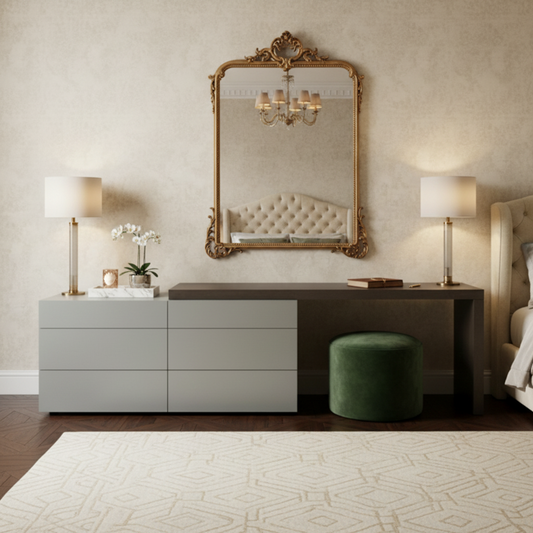 TRENZY Spaces modern two-tone dresser with light grey drawers and dark wood top in a luxury bedroom setting.