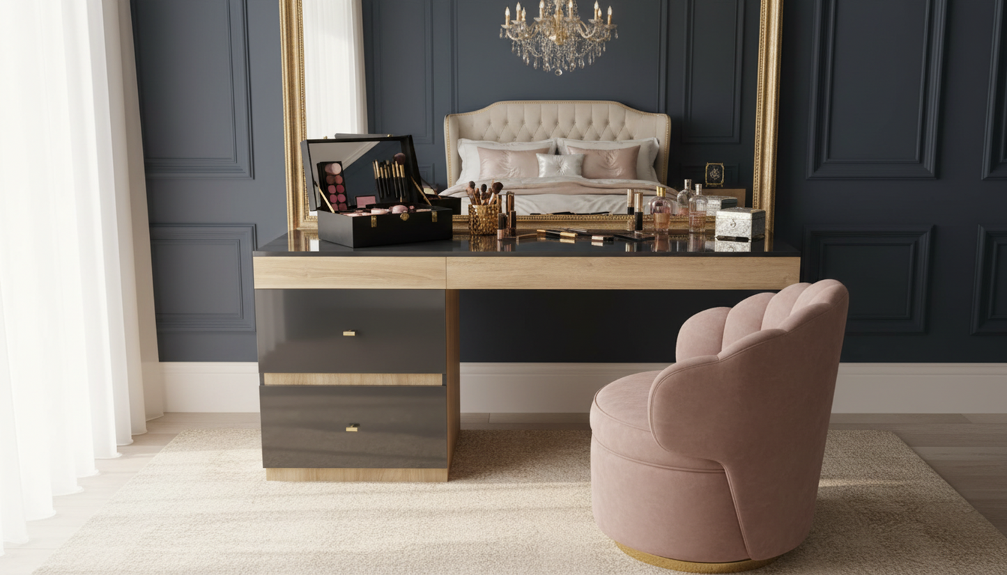 TRENZY Spaces modern two-tone dresser with dark grey drawers and light wood accents in a luxury bedroom setting.