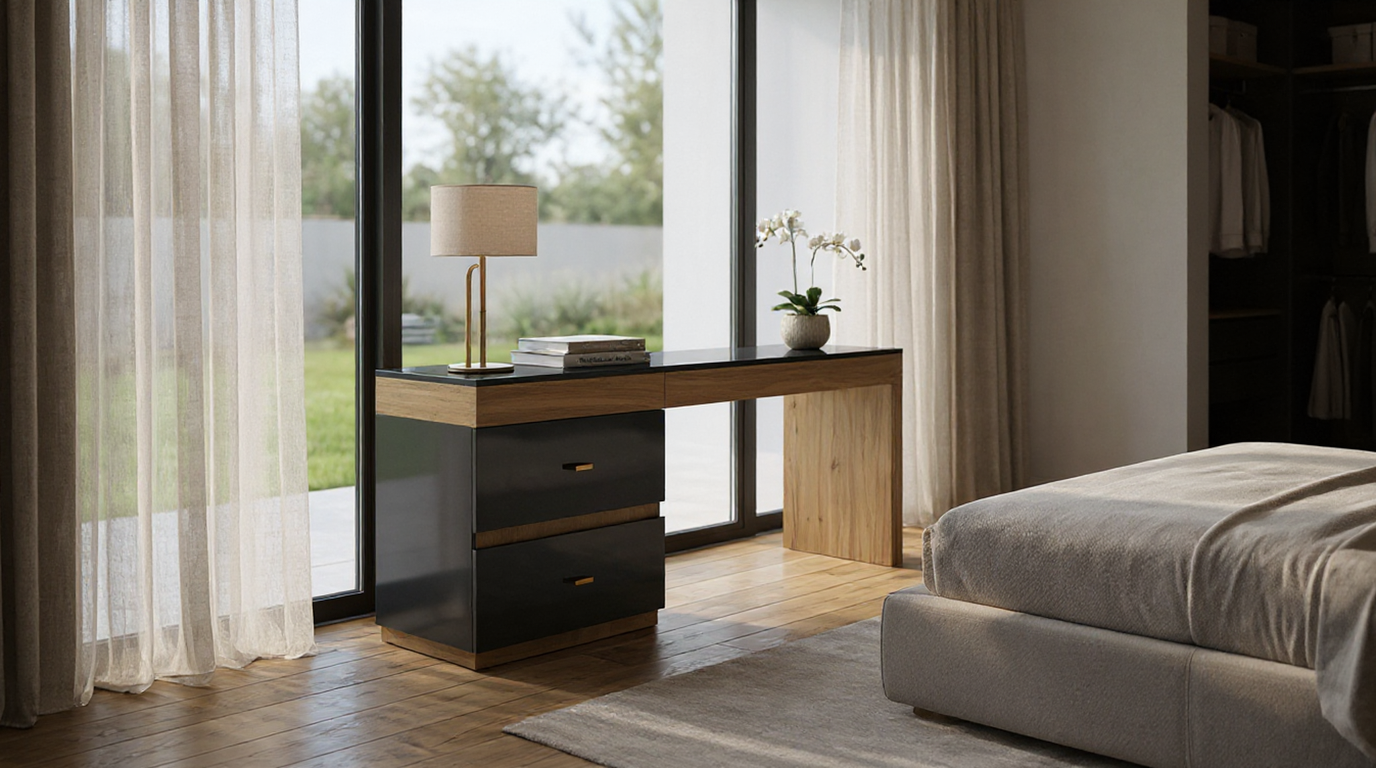 TRENZY Spaces modern two-tone dresser with dark grey drawers and warm wood accents in a bright bedroom setting.