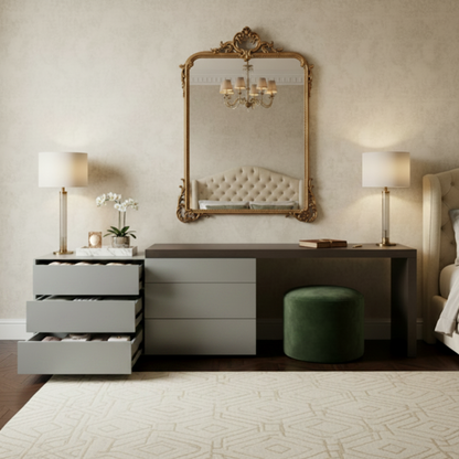 TRENZY Spaces modern two-tone dresser with light grey drawers and dark wood top in a luxury bedroom setting