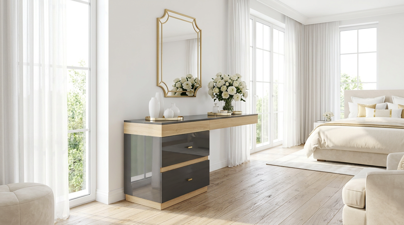 TRENZY Spaces modern two-tone dresser with dark grey drawers and light wood accents in a bright bedroom setting