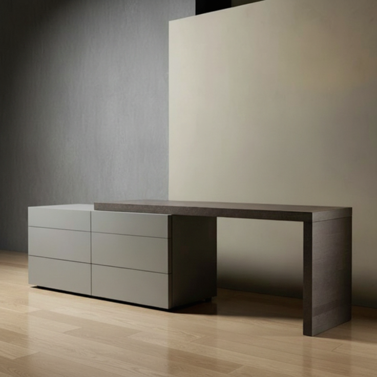 TRENZY Spaces modern two-tone dresser with a light grey storage unit and a dark wood-effect extended top surface.