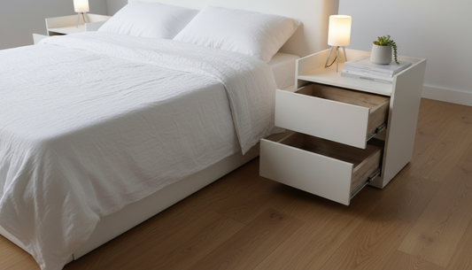 TRENZY Spaces modern white bedside pedestal with two drawers and open top shelf next to a white bed on wood floor