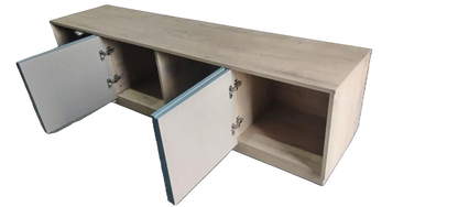 TRENZY Spaces Lux TV stand in light wood finish with open cabinet doors, featuring a sleek modern minimalist design.