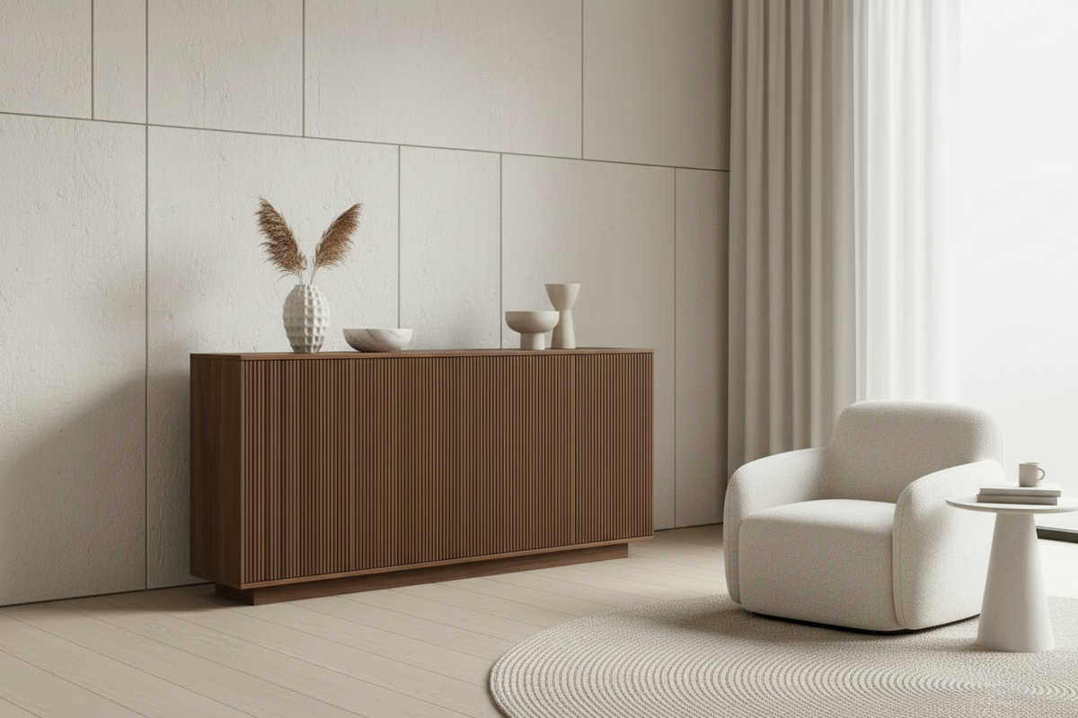 Unicorn white and beige walnut sideboard lifestyle