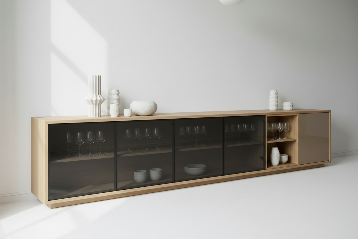 TRENZY BLOCK Sideboard Credenza — Oak finish, white floor