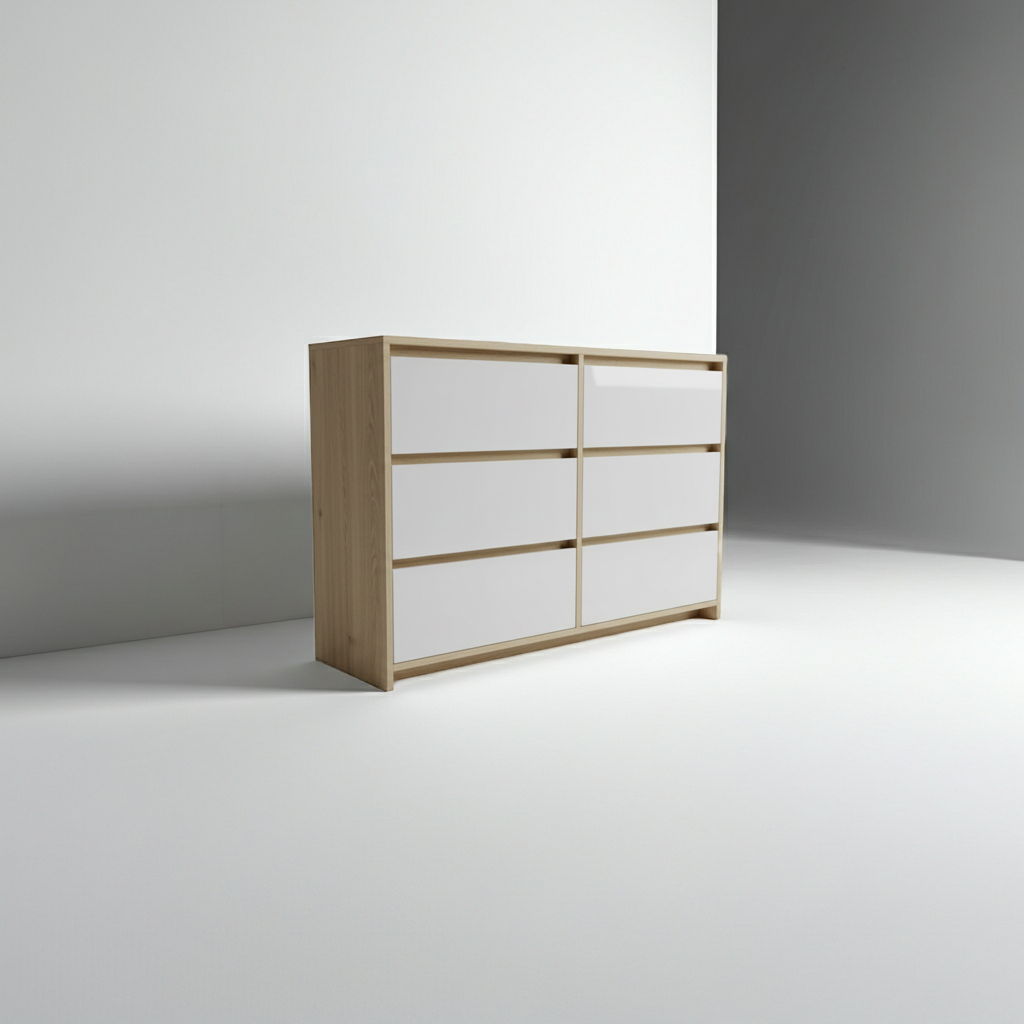 6 drawer modern luxury chest of drawers in oak and light grey super gloss finish with integrated finger-grip handles