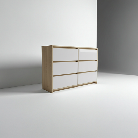 6 drawer modern luxury chest of drawers in oak and light grey super gloss finish with integrated finger-grip handles