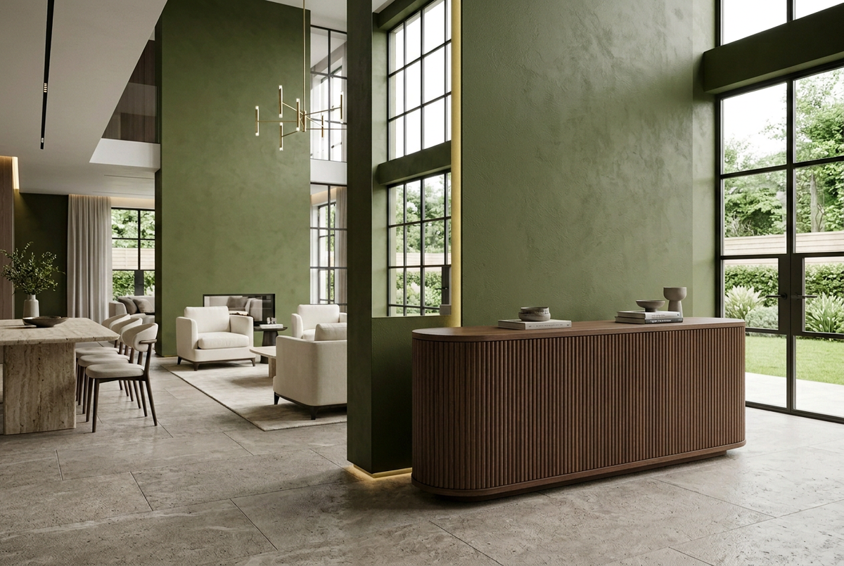 Walnut sideboard, green interior