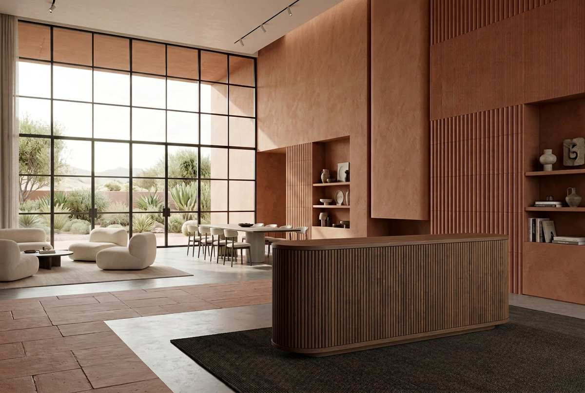 Walnut sideboard, terracotta interior