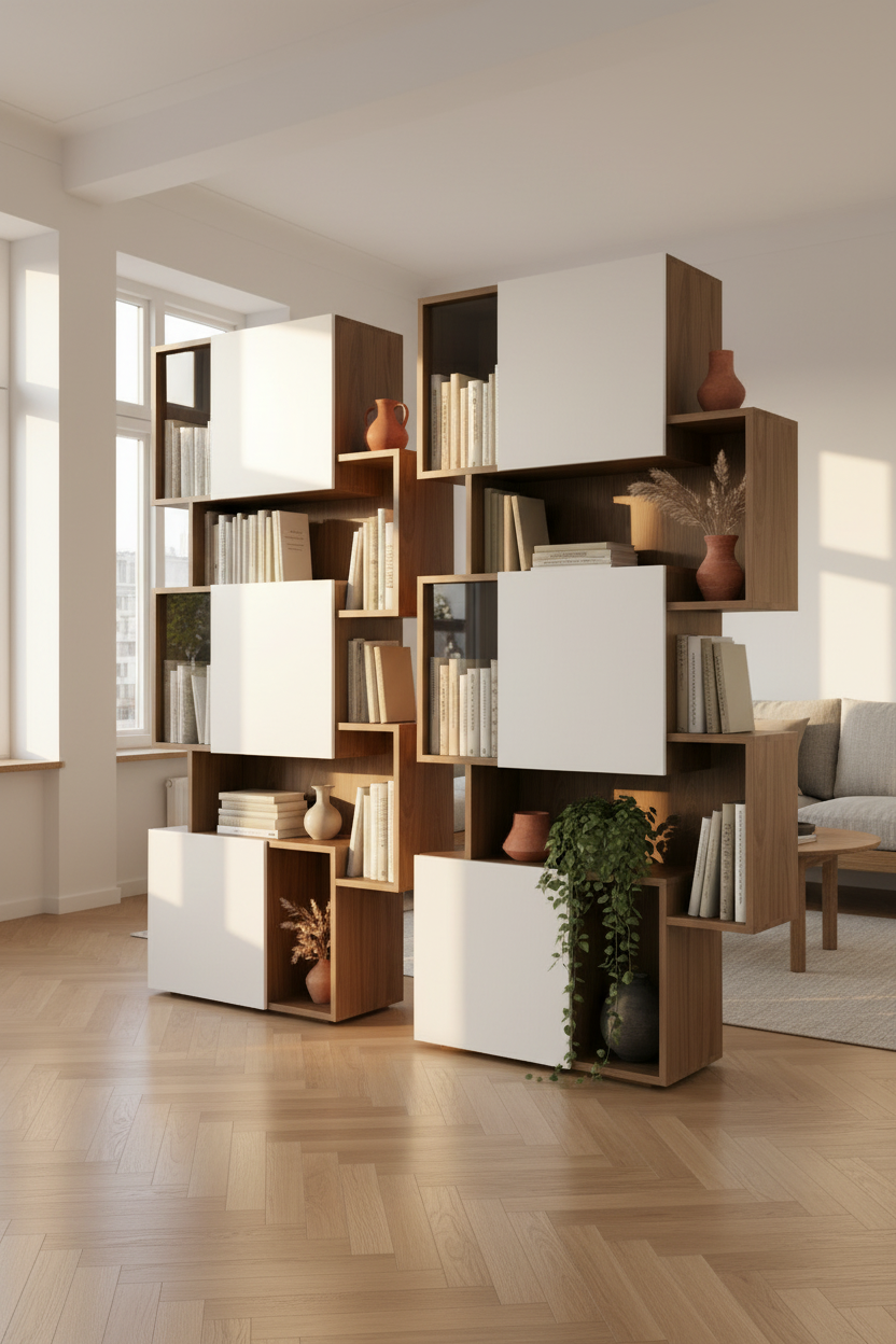 Walnut White Shelving — Living Room Lifestyle