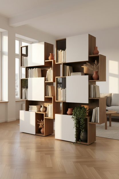 Walnut White Shelving — Living Room Lifestyle