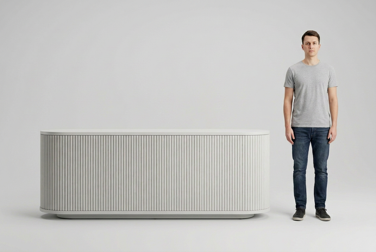 White sideboard, full-person scale view