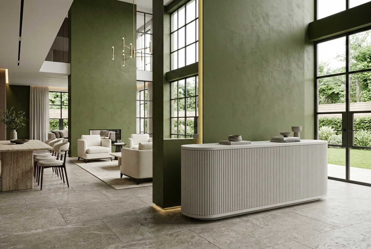 White sideboard, green interior