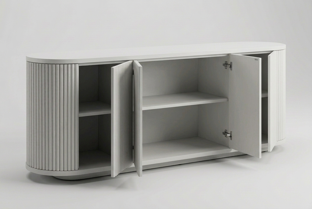 White sideboard open-door storage view
