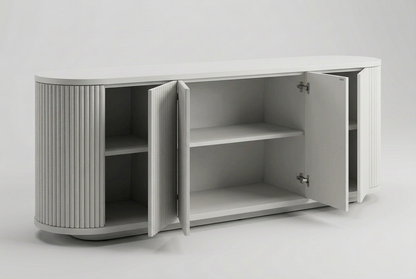 White sideboard open-door storage view